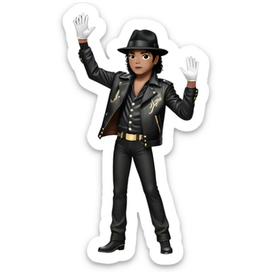 Icon for R&B Music: Michael Jackson in full growth in his black fedora, sparkling glove, and leather jacket, striking his famous final pose after performing, with one arm raised and head tilted back. Musical notes surround him, symbolizing the essence of R&B. Transparent background. sticker