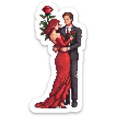pixel art of a romantic couple dancing the Spanish tango, man in black suit with red rose on chest, woman in flowing red dress with one leg extended in dramatic tango pose, close embrace, expressive movements, classic tango elegance, small pixel art style, emoji size, cute and vibrant sticker