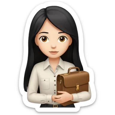 a light tan woman with long black hair past mid-back, round brown eyes, white button up shirt. holding manila case files in her hands. sticker