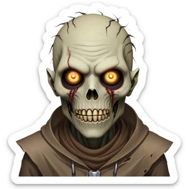 Cinematic Realistic WoW undead civilian Portrait, head tilted epicly and inquisitively, showcasing grim resilience and defiant strength. His withered, pallid skin and intense, glowing eyes contrast starkly with his worn, earth-toned clothes, rendered in meticulous detail. With dynamic, high-contrast lighting and high shine, this portrait exudes an epic aura, capturing the relentless will of a battle-hardened undead civilian. sticker