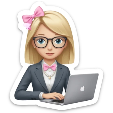 Please take the girl with laptop emoji and make her glassess light brown, her eyes ocean blue and her nose a bit smaller and pointier and she has blonde very long hair and a dark grey suit and pearls necklace, and has a laptop in fron of her and a tiny pink bow on the left side of her head sticker