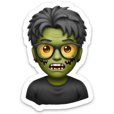 Crie um zumbi estilo emoji do iPhone com cabelo ondulado grande masculino com camiseta preta e óculos de grau preto sticker