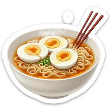 ["Bowl of ramen with soft-boiled egg and chopsticks."] sticker
