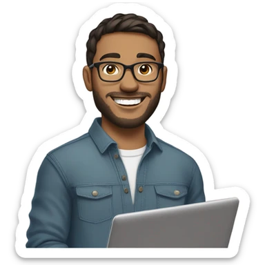  A young man with a short beard and glasses, smiling confidently. He is holding a laptop with both hands in front of him. The background is neutral or light, to keep the focus on the subject. The man has a friendly, approachable demeanor, and his style is casual yet modern. His attire consists of a comfortable shirt or sweater. He has short, dark hair and is standing in a relaxed position, exuding positivity and confidence. sticker