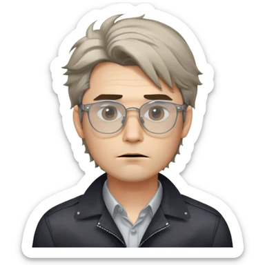 The person (male) has a sharp jawline, with hollow cheeks ,slightly messy hair falling over their forehead. They are wearing transparent glasses with a , a collared shirt, and a dark jacket. Their lips are slightly pursed, and they have a calm, neutral expression.
 sticker