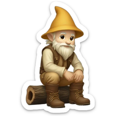 side view angle of gnome with light tan pants and light tan boots squatting on top of small brown log sticker