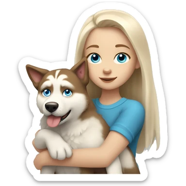 a girl with blue eyes and light-blond hair hugs a husky dog ​​with brown eyes sticker