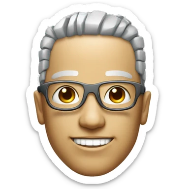 Cyborg head with fair skin, flat top haircut, rectangular glasses, circuits and smiling  sticker