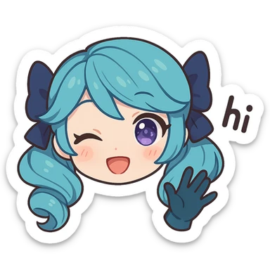 Gwen from League of Legends, chibi style, only head, right eye purple, one hand waving with glove, hi emote, sparkly eyes, no text sticker