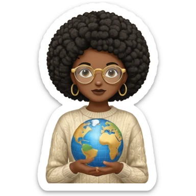 a young woman wearing gold round glasses and black afro hair, she has medium-dark skin, she's wearing a sweater and she's holding a globe in her hand sticker