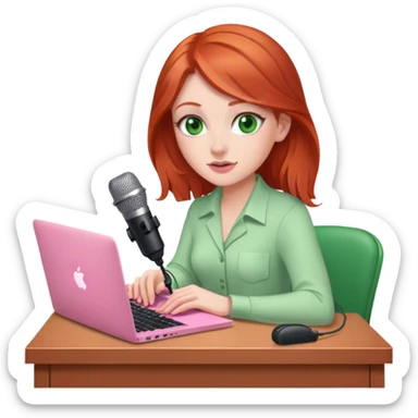 Redhead with green eyes sat at desk with pink MacBook and  podcast microphone  sticker