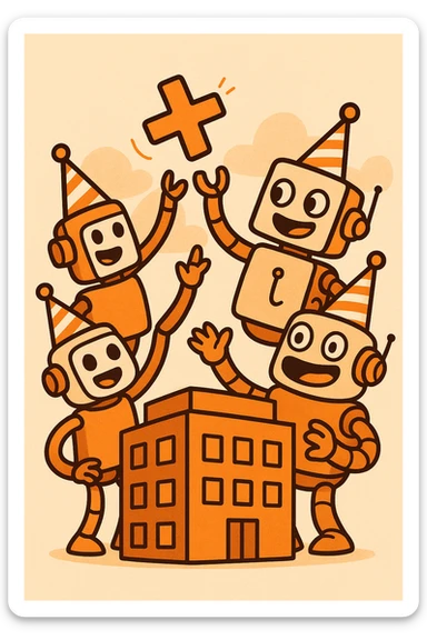 flat, whimsical icon with robots wearing party hats, grouped around an orange office building, tossing an orange plus sign in the air, playful, orange color palette, for a new customer organization created Slack webhook bot sticker