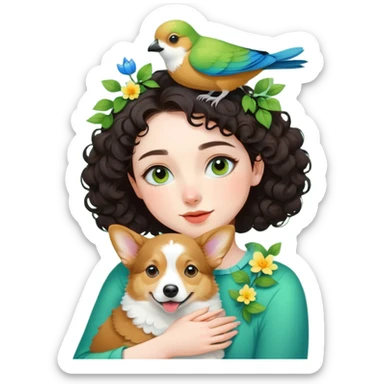 Dark short curly hair with pale skin and thin eyebrows girl hugging a welsh corgi. And a green-reddish lovebird on her head with yellow, blue love birds around her. sticker