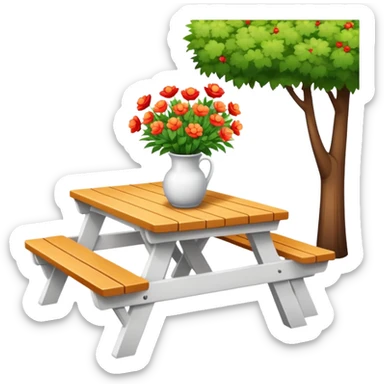 White picnic-benches with a romantic lush warm-colored flower vase on top of picnic-table sticker