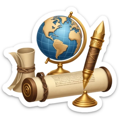 An icon featuring an ancient scroll, a quill pen, and a globe, symbolizing the study of history. The design includes a timeline with significant historical events, with ruins in the background to evoke past civilizations. Transparent background emphasizes the exploration of human history sticker