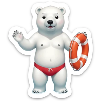 full body friendly anthropomorphised polar bear smiling, wearing colorful swim shorts and swim goggles, standing in a small pool of water, holding a red and white life buoy sticker