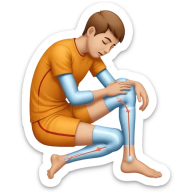 person sitting wincing with one leg extended and pain lines along leg representing sciatica sticker