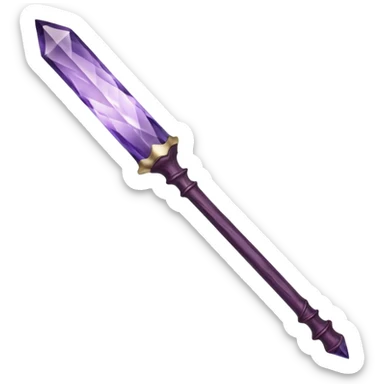 Wand with Heartwood of Silver Birch, 12.5 inches long, Medium flexibility, Tip Inlay: small amethyst shard, Finish: Plum-stained lacquer over whitewood core, giving the wand a soft, moonlit glow in dim light. sticker