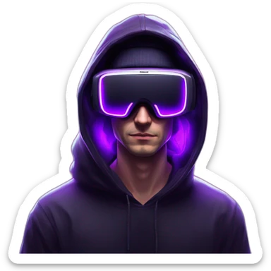 Russian man in the black hoody with violet OMG VR logo on it wearing vr headset. Cyberpunk style. Violet neon. sticker