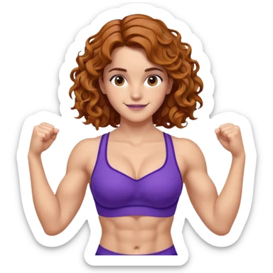 big biceps, muscled torso, very beautiful italian happy girl, looking like Emma Watson, with wavy curly bright hazelnut hair, dressed in violet bra sports outfit, very muscled sticker
