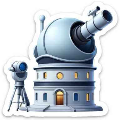 An icon featuring an observatory with a giant telescope, set against a starry sky. The design includes visible planets, distant stars, and galaxies, symbolizing the study of astronomy and celestial exploration. Transparent background highlights the wonder of the universe. sticker