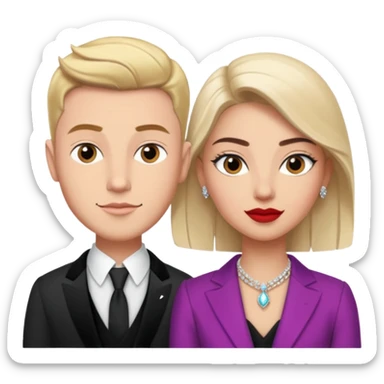 Justin James and Ravza Tulip standing side by side, Justin looking cool and ambitious, Ravza elegant and graceful, both exuding confidence, luxury, and charisma in a stylish, high-class environment sticker