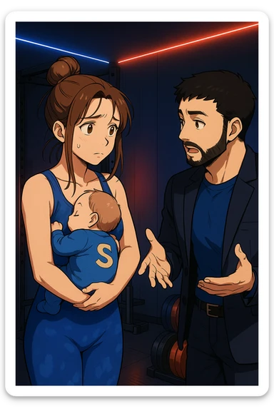 ispirati a questo stile di disegno e fai questa immagine in versione manga/webtoon a colori, il manga mostra la donna preoccupata con un neonato in braccio con una tutina azzurra e la scritta "S" sulla schiena, mentre ascolta l'uomo mentre l'uomo gli sta spiegando una cosa, ma non fare i fumetti, fai come se stessero parlando sticker