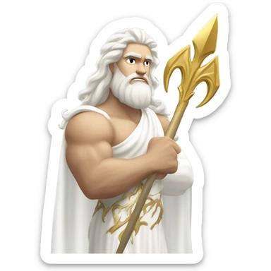 white Poseidon with gold Trident. long white hair white dress. show biceps sticker