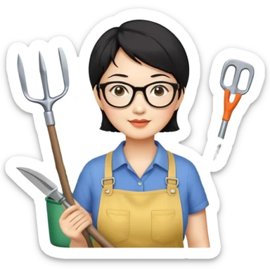 please create an Emojis for an Asian mid-age lady, short black hair, ware glasses, small face, medium size of eyes in black. she loves gardening sticker