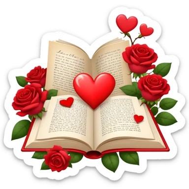 Icon for Romance Reading: an open book with a heart-shaped bookmark, surrounded by roses, a love letter, and a cup of tea, with small hearts and Cupid with bow and arrows flying out of the pages. Transparent background. sticker