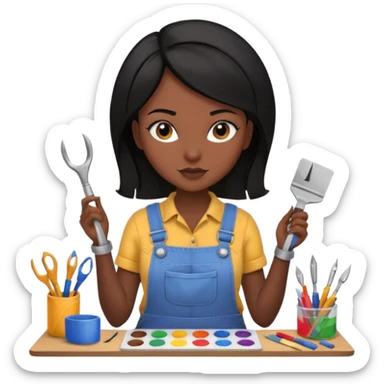 Créame emoji de una mujer que sea diseñadora industrial, pelo negra, piel morena, femenina con overol y una paleta de colores o herramientas de taller piel oscura chocolate  sticker