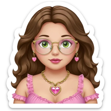 Girl girl with middle parted long wavy brown hair. green gold eyes. Plus size. pink frilly top. gold nose ring. pink heart crystal necklace. Gold rimmed glasses sticker