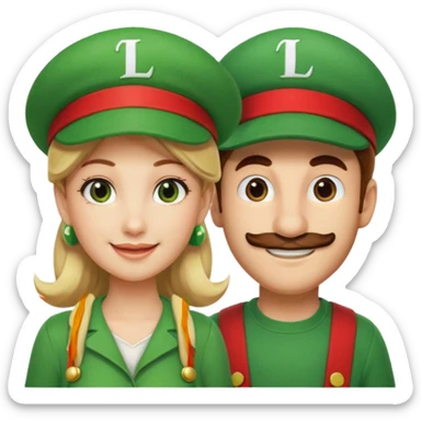 blonde female Luigi (with the Luigi green hat with an L on it) and a normal brown hair male Mario with the red hat with a M on it. They are friends just smiling. This video game sticker