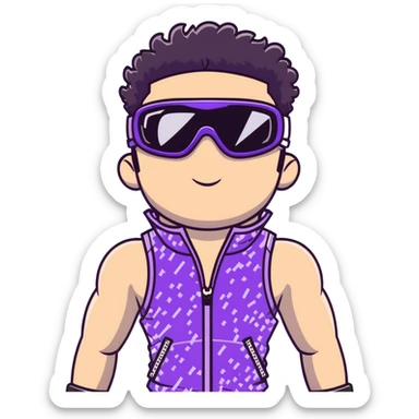 male athlete with white skin and moderately curly black hair on top with shaved sides, wearing ski goggles with purple frames and very dark black lenses, a simple plain black chain necklace, and a completely unzipped sleeveless vest with purple and black sequin fire pattern design with no logo or brand emblem, fully revealing his chest, shoulders and arms, no earrings sticker
