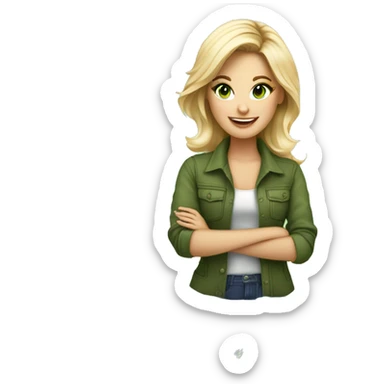interior designer girl with blond hair to her chest and green eyes, surrounded by her design tools for creating interior design. happy about feedback from clients or talking to a client sticker