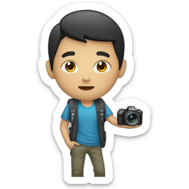 A Asian boy listening MP3 hold a camera sticker