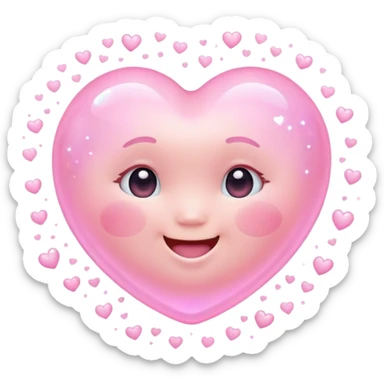 Cinematic floating soft heart, chubby round edges, pastel pink glow, tiny smiling face, surrounded by dreamy sparkles, gentle and loving. sticker