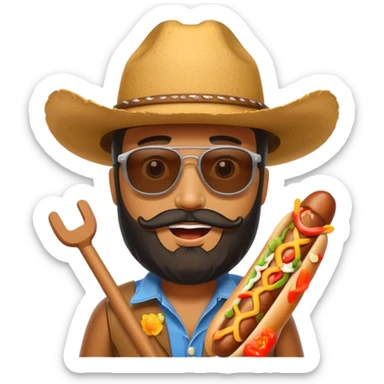 A bearded hotdog with sunglasses and a cowboy hat sticker