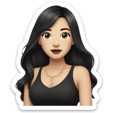 asian girl with long black hair with brown eyes plump lips with long eyelashes in a black top and jewelry on her neck with light makeup on her face in light colors sticker