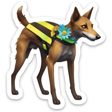  brindle brown black maroon striped lurcher Alsatian fox running blue eyes and iridescent holographic oilslick harness wearing paper iridescent tropical flower crown yellow caution tape sticker