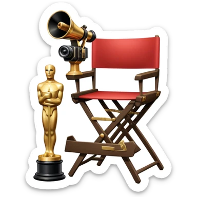 Professional icon for Directing: a collage featuring a director's chair, a film camera, a megaphone and an Oscar trophy. The icon should represent the craft and creativity of film directing, with emphasis on leadership and cinematic artistry. Transparent background. sticker