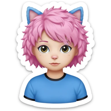 Black cat wearing a short curly pink hair wig, blue T-shirt sticker