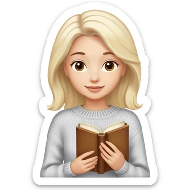 a woman in a luxurious warm sweater with a slight smile and light-colored hair. She is enjoying life while holding a book. sticker