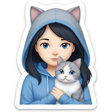 Girl with black hair in gray hoodie with a British shorthair blue and white cat and a long-haired blue and white cat sticker