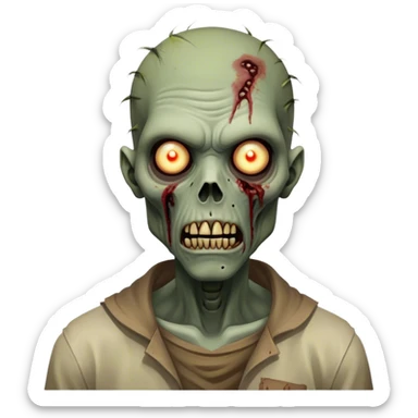 Cinematic Realistic WoW undead friendly zombie Portrait, head tilted epicly and inquisitively, showcasing grim resilience and defiant strength. His withered, pallid skin and intense, glowing eyes contrast starkly with his worn, earth-toned clothes, rendered in meticulous detail. With dynamic, high-contrast lighting and high shine, this portrait exudes an epic aura, capturing the relentless will of a battle-hardened undead friendly zombie. sticker