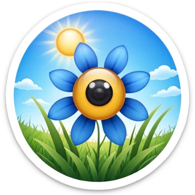 blue flower in a grassy area with a bright sun in the sky, fish eye lens effect sticker