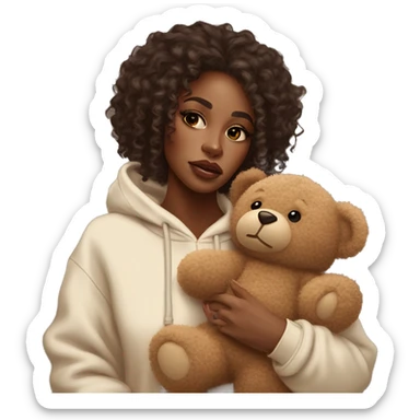 Beautiful black woman with long waste length curly hair with brown highlights, in a cozy sweatsuit in cream color and she is holding a teddy bear in brown, girl wearing makeup long lashes thick glossy lips she is crying  sticker