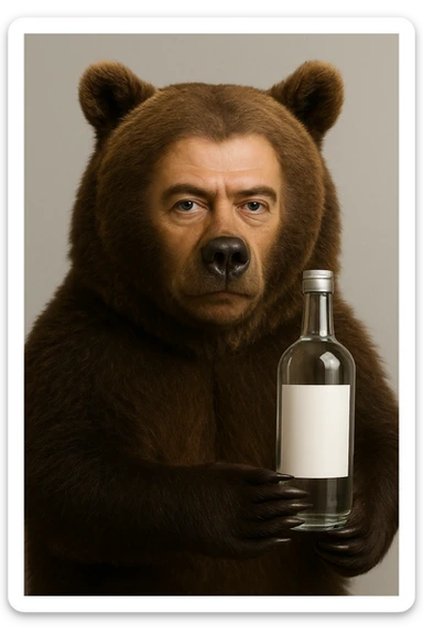 Сгенерируй мне медведя, с лицом этого человека (Дмитрия Медведева). Он держит в руках водку, с пустой этикеткой, без надписей. sticker