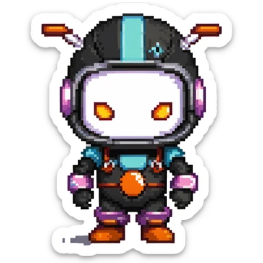 Black bomberman character, ninja-like design, sleek helmet with sharp antenna, mysterious appearance, cool pixel art style sticker