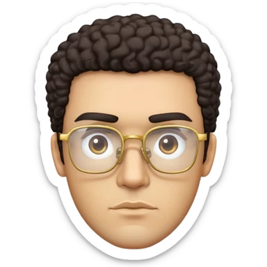 Man with angular square face, thick straight eyebrows, dark curly short hair, light stubble, neutral serious expression, wearing large square gold glasses sticker